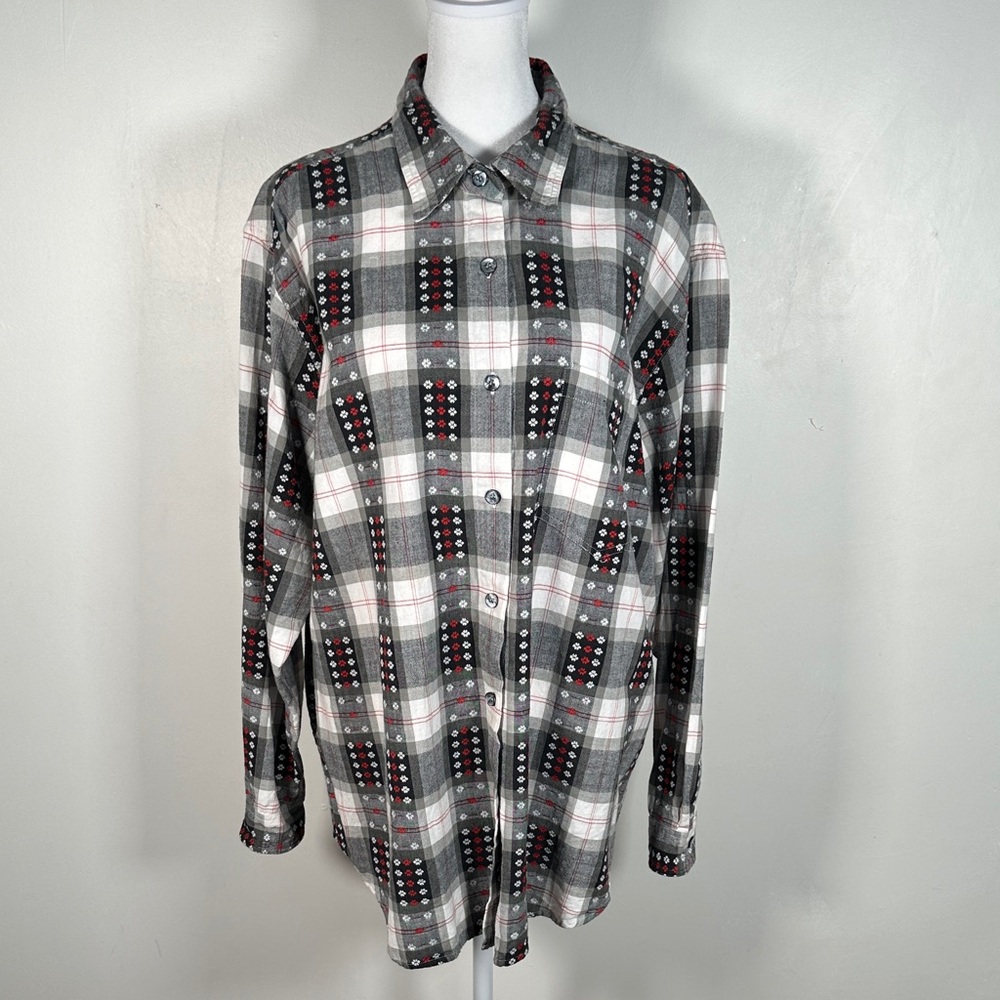 Lemon Grass Gray Plaid Shirt With Small White And Red Aligned Flowers